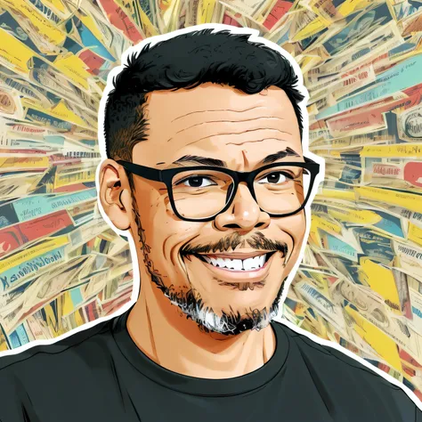 guttonerdjul23, 2d illustration of man, light-skinned, wearing glasses, smiling, black t-shirt, front view, short hair, brown ey...