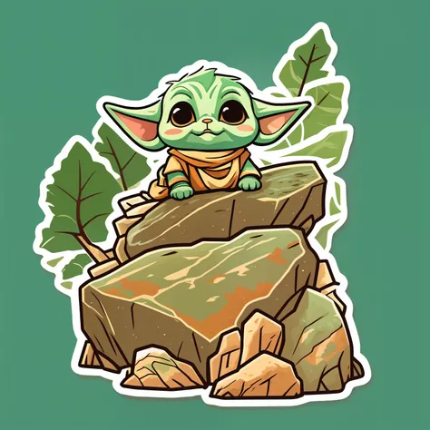 Baby Yoda on top of a rock, Studio Ghibli style, 2D Design vector sticker white background
