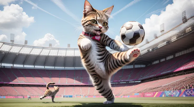 Cute cat, Cat kicking a soccer ball, With tremendous power, In the background of the Olympics, cheering crowds