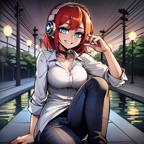 ((1girl), ((24 year old woman)), hombros desnudos, sin mangas, Camisa sin mangas, ombligo, ((red hair)), bowl cut hair, pelo desordenado, black jeans, (manos detalladas), (manos perfectas), ((Calidad superior, obra maestra, super definicion, ultra definici...