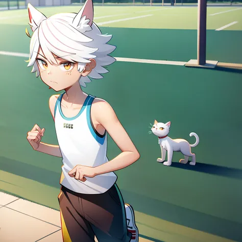 （（tmasterpiece，best qualtiy）），（Complex light），独奏，Single focus，full bodyesbian，1 Cat Boy，Lincoln said loudly，Sport Tank Top，track pants，School playground background，Games，Running than the track，playground，with brown eye，whaite hair，jogging，Smooth hairstyle，...