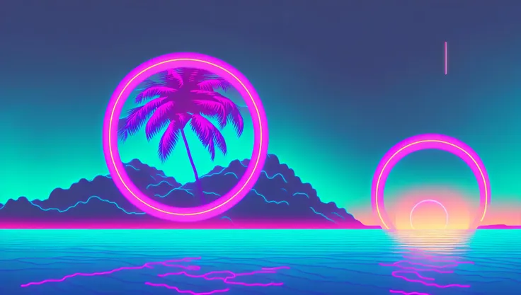 (neon circle floating:1.2) (with palm tree inside it:1.1), above ocean, neon lights, snthwve style wallpaper