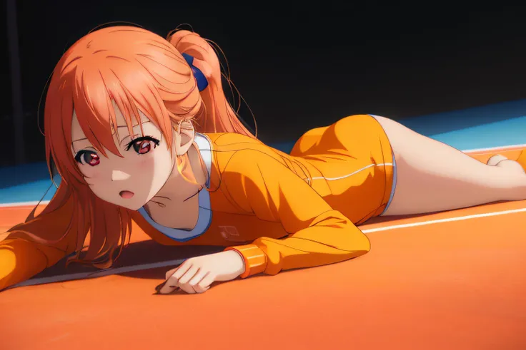 anime girl lying on tennis court in orange leotard and headband、photorealistic anime girl render、realistic and smooth anime cg a...