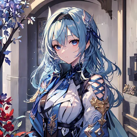 Anime girl with blue hair and blue dress standing in front of the building, Ayaka Genshin impact, Detailed digital anime art, trending on artstation pixiv, From Arknights, high detailed official artwork, Anime art wallpaper 4 K, Anime art wallpaper 4k, Guw...