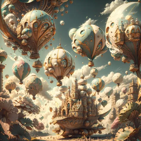 fairytaleai airship, hot air balloon, airship zonaiiai,, ao ar livre, nuvens,, obra-prima, trend, 8k, the scene includes magical...