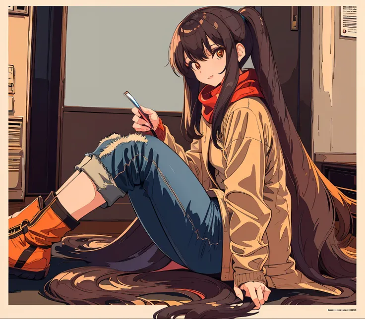 1girl, long hair, brown hair, wavy hair, orange pupils, 172 centimeter height, 22 years old, red scarf, long coat, jeans, back v...