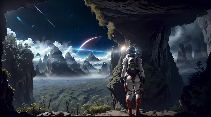 (35mmstyle:1.2), Highly detailed RAW color Photo, Rear Angle, Full Body, of (female space marine, wearing white and red space suit, futuristic helmet, tined face shield, rebreather, accentuated booty), outdoors, (standing on Precipice of tall rocky mountai...
