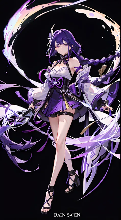 Full body like,Raiden general,(Pull the knife),Purple colored hair,Cannabis braids,Purple eye,Shock force,Cannabis braids,Disdainful expression,swing the sword,convolution,Raiden general,Genshin style,Raiden general,((Black heels)),RGB strip light,Backgrou...