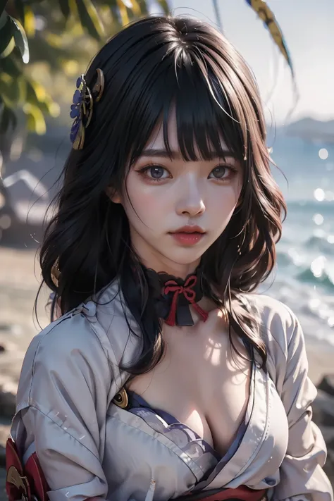 raiden_shogun,1girl, bangs, black_hair, hair_ornament, japanese_clothes, kimono, lips, long_sleeves, looking_at_viewer, obi, sash, solo, upper_body,
(RAW photo, best quality), (realistic, photo-realistic:1.3), masterpiece, an extremely delicate and beautif...