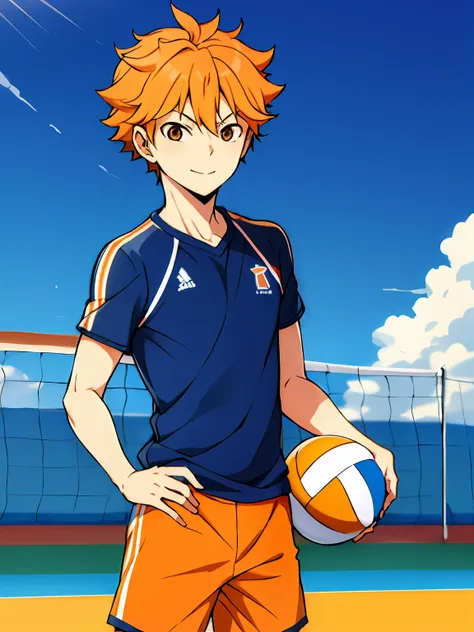 alta resolução, obra-prima, shouyou hinata, cabelo laranja, solo, 1boy, masculino, volleyball court, fora, blue skies, bosque, o...