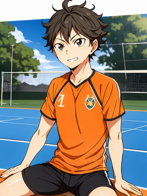 alta resolução, obra-prima, Shouyou Hinata, cabelo laranja, solo, 1boy, masculino, volleyball court, fora, blue skies, bosque, olhos detalhados,Black clover