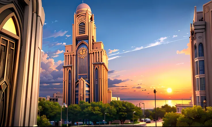 modern islamic-style tower of marble stones towering at sunset on the shores of tripoli, libya, it has a subtle light on the edg...