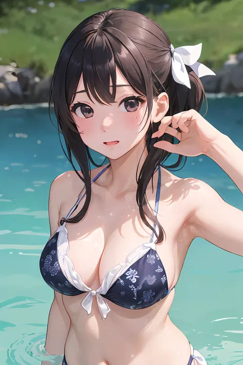 女の子1人、a matural female、The bikini、the bow、a picture、realisticlying、top-quality、adopt、A detailed face、mare、细致背景、diffuse sunlight、depth of fields、Bokeh