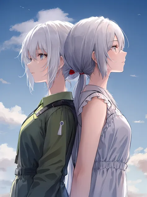 single ponytail white-haired girl with her back to back and looking up at the sky upper body