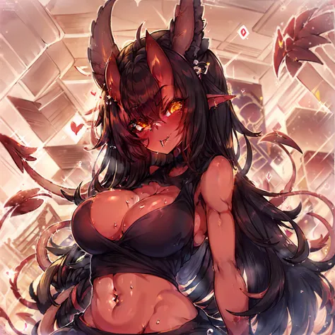 meruccubus, yellow eyes, red oni, simple background, long hair, mole under eye, red horns, oni horns, pointy ears, looking at vi...