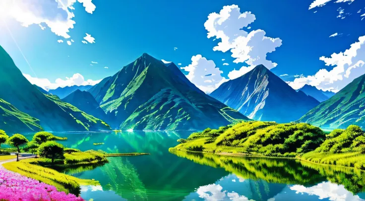 anime landscape with mountains，flowers and lake, anime landscape wallpapers, anime countryside landscape, anime landscape, beaut...