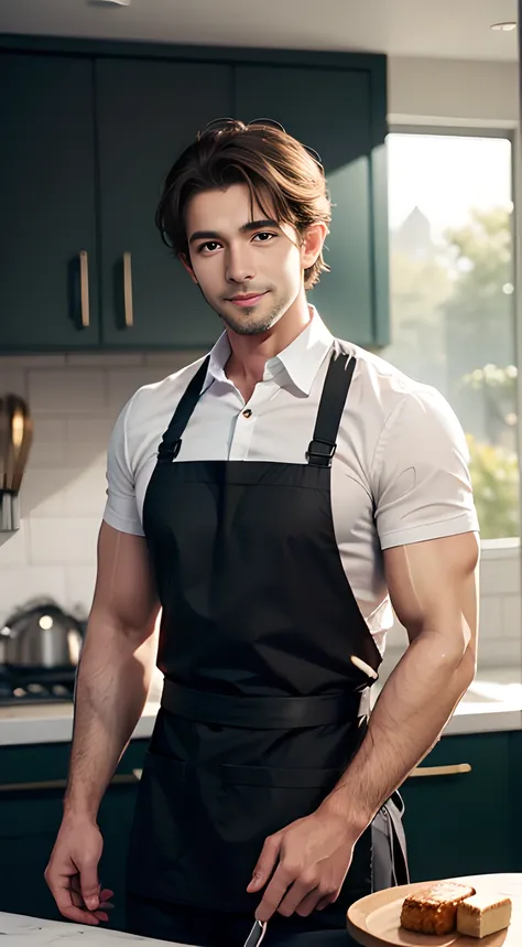 ((men only)), (cowboy shot), (handsome muscular man in gold apron in the kitchen), mischievous smile, (detaile: 1 in 1), natural...