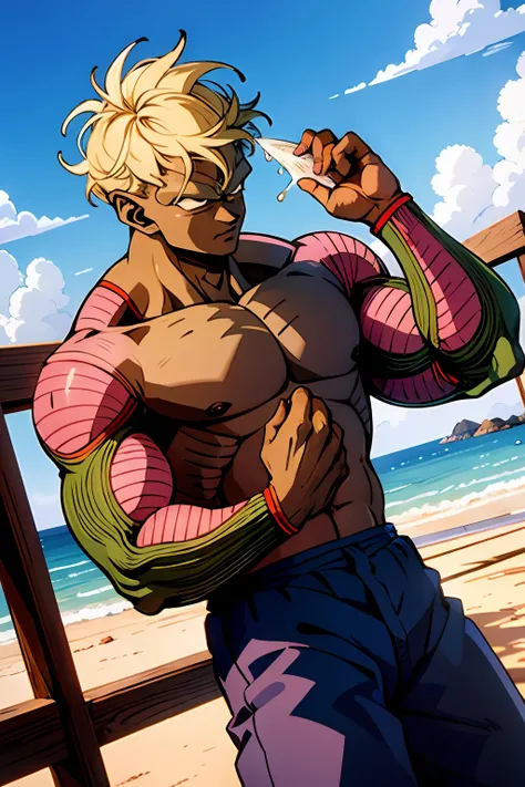 obra-prima, melhor qualidade, piccolo, 1boy, foco masculino, solo, postura de luta, orelhas pontudas, (topless: 1.3), pele laranjado , chifres oni, purple pants, boca fechada, (careca), manchas rosas, olhos pretos, faixa azul