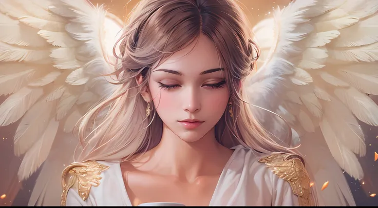 picture of a girl with a cup of coffee and angel wings, beautiful angel girl, close one eye, beautiful angel, angel girl, beauti...