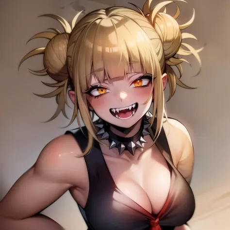 masterpiece, top quality, best quality, 1girl, toga, (fangs), (unusual pupils), (smile), messy hair, (spikey choker), crazy blus...