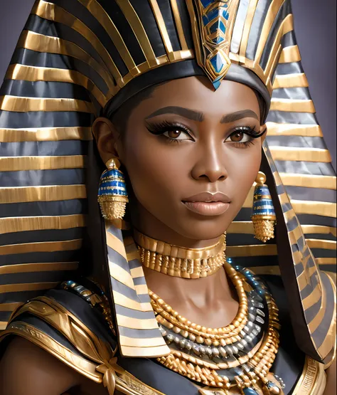 a realistic detail of a beautiful black female model wearing an egyptian pharaoh goddess costume, royal egyptian clothing, mediu...