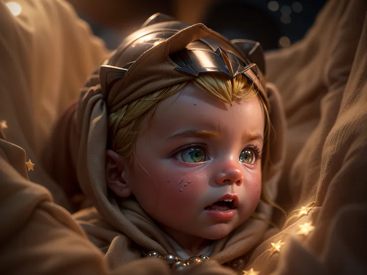 close a powerful threat, the graceful appearance of a baby aquaman dressed in beige uniform in a manger;, menacing stare, ricame...