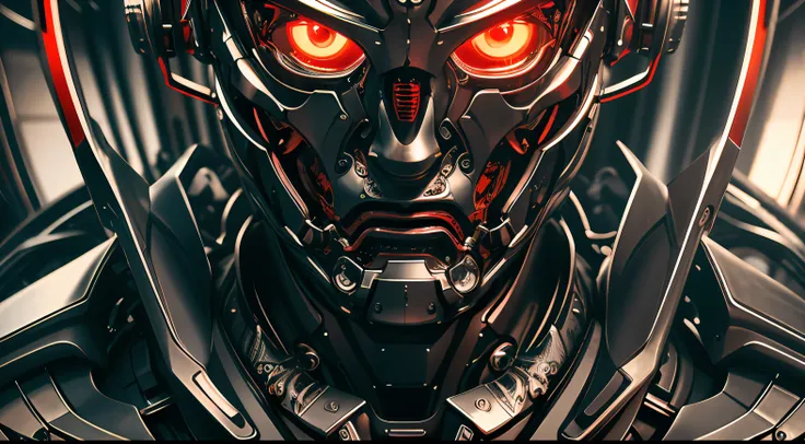 a close up symmetrical portrait of a cyberpunk gangster, biomechanical, mshn robot, splashes of orange red, hyper realistic, int...