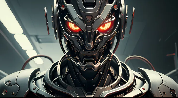 a close up symmetrical portrait of a cyberpunk gangster, biomechanical, mshn robot, splashes of orange red, hyper realistic, int...