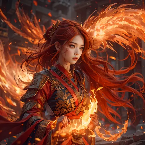 1girll，flame mage dressed in fiery red（chinese hanfu），the robe was embroidered with intricate runes and ornaments，exudes a burni...