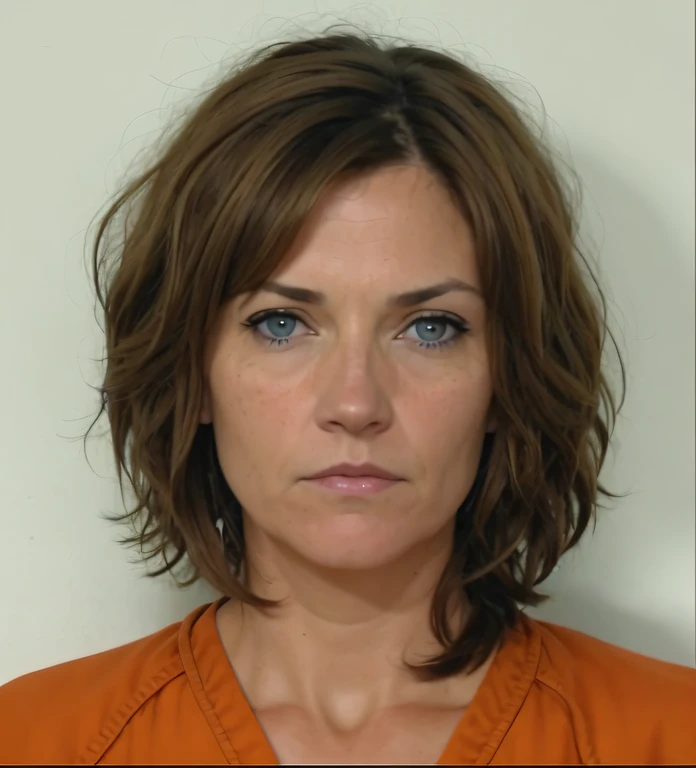 arafed woman with a short brown hair and a blue shirt, mugshot!!!!!, nicole de boer, mugshot!!!, mugshot, rendering of close up ...