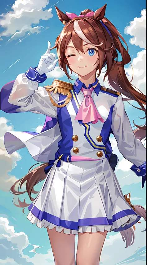 ((Masterpiece, Best quality)),1girll,Tokai Teio,Tokai Teio(Racing clothes),Horse Ears,Horse girl,Brown hair,Long hair,High ponytail,streaked_Hair,Multicolored_Hair,Blue eyes,epaulette,Pink_ascot,Skirt,Long_Sleeves,asymmetrical gloves,White_Jacket,Hair_ribb...