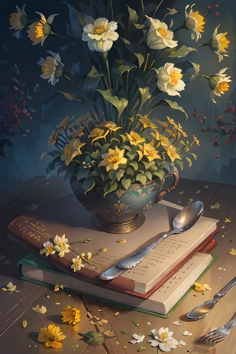 Original，（illustratio：1.1），（best qualtiy），（tmasterpiece：1.1），（the Extremely Detailed CG Unity 8K Wallpapers），（a color：1.2），Daffodil bush，Daffodil petals，scenecy，rios|Wagas，