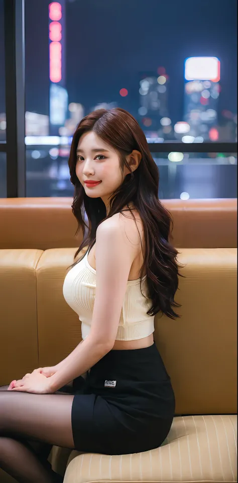 ((Midnight, Best quality, 8k, Masterpiece :1.3)), Whole body, Long legs, Sharp focus :1.2, A pretty woman with perfect figure :1.4, Slender abs, slender thigh :1.1, ((Dark brown hair, Big breasts :1.2)), (tanktop, skirt, sneakers, sitting :1.2), ((Night ci...