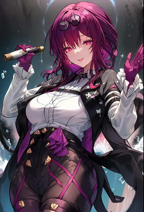 (Masterpiece, Best quality),8K,  one-girl, 独奏, KafkaHKS, Playful expression！eyewear on head,   hair between eye，Long sleeves, Purple gloves, White shirt,  Black silk thighs， sunglasses on head， long whitr hair， looking at viewert， Reddish-purple hair，a pin...