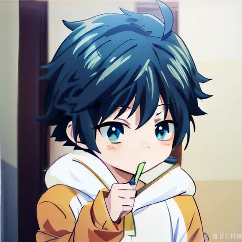 anime boy with blue eyes and brown jacket holding a toothbrush，in the anime moe art style，as a cute young anime character，he wea...