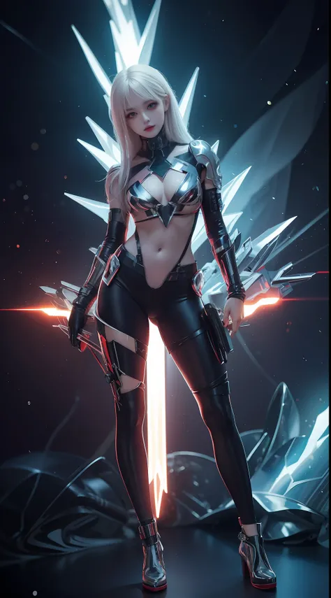 8K uhd, materpiece, a beautiful girl, detaild eye, good face, detaild eyebrow, cyberpunk outfit, lightning outfit, cyberpunk, Cyberspace, cyberpunk shining colorful background, neon effect, Spreading lighting, red lighting, body capture, full body capture...