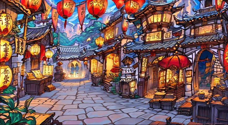 ancient chinese streets，china-style，ancient buildings，shop，booth，wide wide shot，the night，full of lights，lanterns