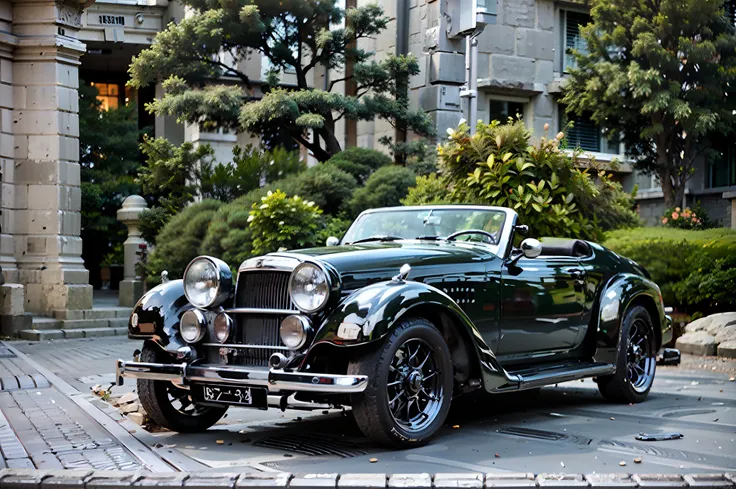 a black car is parked on the street in front of the building., vintage stone martin, by dave allsop, classic car, bolides, vinta...