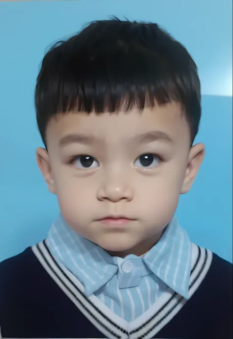 A cute boy,A half body,cute face,face round,black big eyes,Black color hair,Blue plaid shirt,V-neck sweater vest,Blue sky and white cloud background,high high quality,exteriors,rays of sunshine,suns,Very high definition,Masterpiece, High quality best qual...