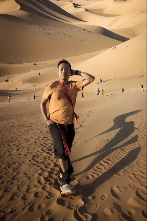 there was a man standing in the sand with a frisbee, in a desert, standing in desert, standing in sand, standing in desert, stan...