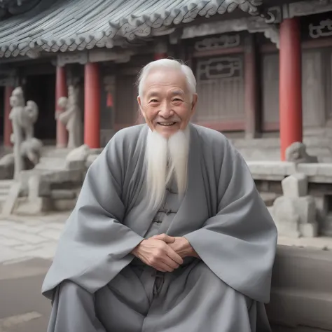 a white-haired old man, dressed in grey ancient chinese clothes, smiling, 80 years old,middle of the shot,small white beard,anci...