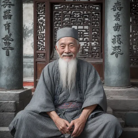 a gray-haired old man, dressed in gray ancient chinese clothing, smiling, 80 years old,middle of the lens,little white beard,anc...