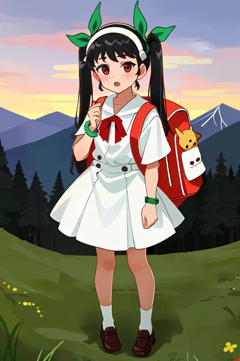1girl, solo, female, (mayoi_hachikuji) twintails, (red_eyes), flat_chest, standing, looking at viewer, full_body, long_hair,
green_ribbon, white_hairband, bracelet, school_uniform, white_shirt, black_skirt, suspender_skirt, badge, star, (hachipack), animal...