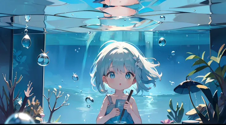 under the water、under the sea、eau、summer  dress、one girl、cute little、sink、air bubble、fluttering hair、