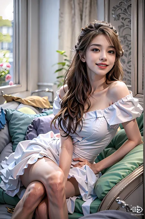 (Masterpiece), Best Quality, Ultra High Definition, Slim Body, One Girl, Close Up, Sitting,Thighs, Long Hair, Laughter, High Detail, Sharp Focus, (Photorealistic:1.3),Looking at camera, smile, white dress, off-the-shoulder