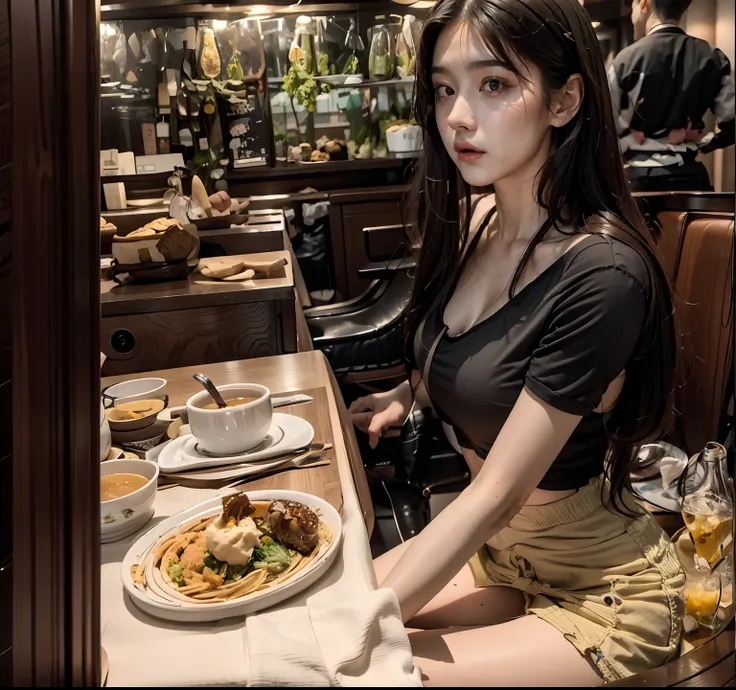 there is a woman sitting at a table with a plate of food, 21 years old, 19-year-old girl, 2 2 years old, she is about 20 years old, she is about 2 0 years old, she is about 2 5 years old, 1 8 yo, 2 3 years old, trending at cgstation