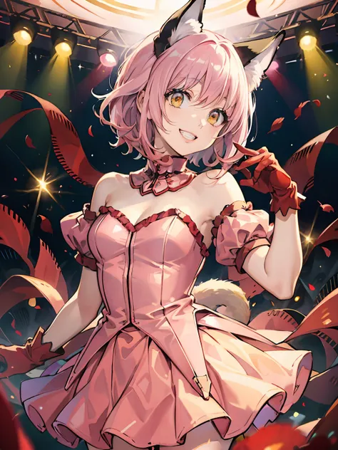 (illustration:1.1),(Best quality),(Masterpiece:1.1),(beautiful and clear background:1.25),(Masterpiece, Best quality, Ultra-detailed), (Photorealistic), (Beautiful detailed eyes),Stage,stage light,(Pink hair), 1girll,fox ear,Solo,view the viewer,Cowboy sho...