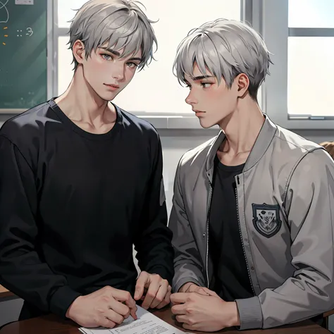 Two 15-year-old teenage friends with Latin skin and light gray hair at school are talking about an important topic are friends almost like brothers........