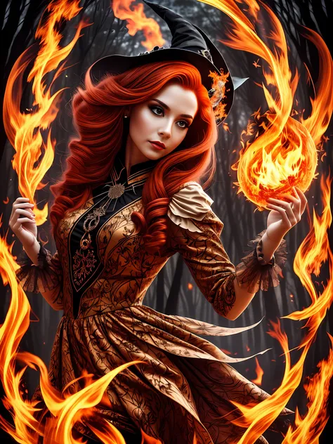 in the midst of a mystical forest shrouded in illusion, a captivating witch with red hair dances gracefully, manipulando chamas ...