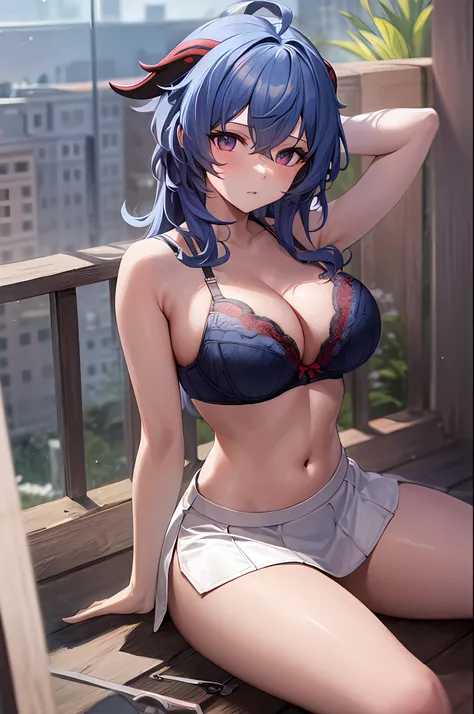 1ganyu, blue sea hair, large breasts, cleavage, navel, t-shirt, ((bra)),clothes lift, skirt, lying, full Body, sexy body ,sitting